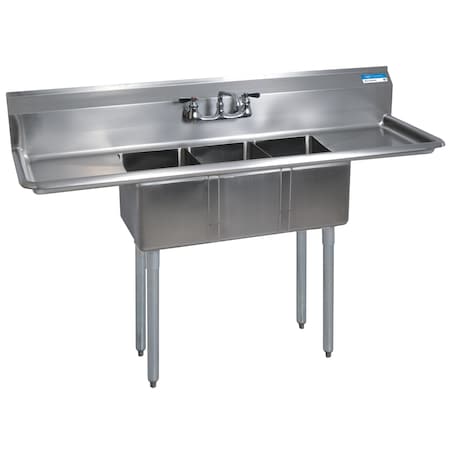 Bk Resources Three Compartment Sink 14 in x 16 in, 3, 2, Free Standing, Stainless Steel BKS-3-1416-12-12T